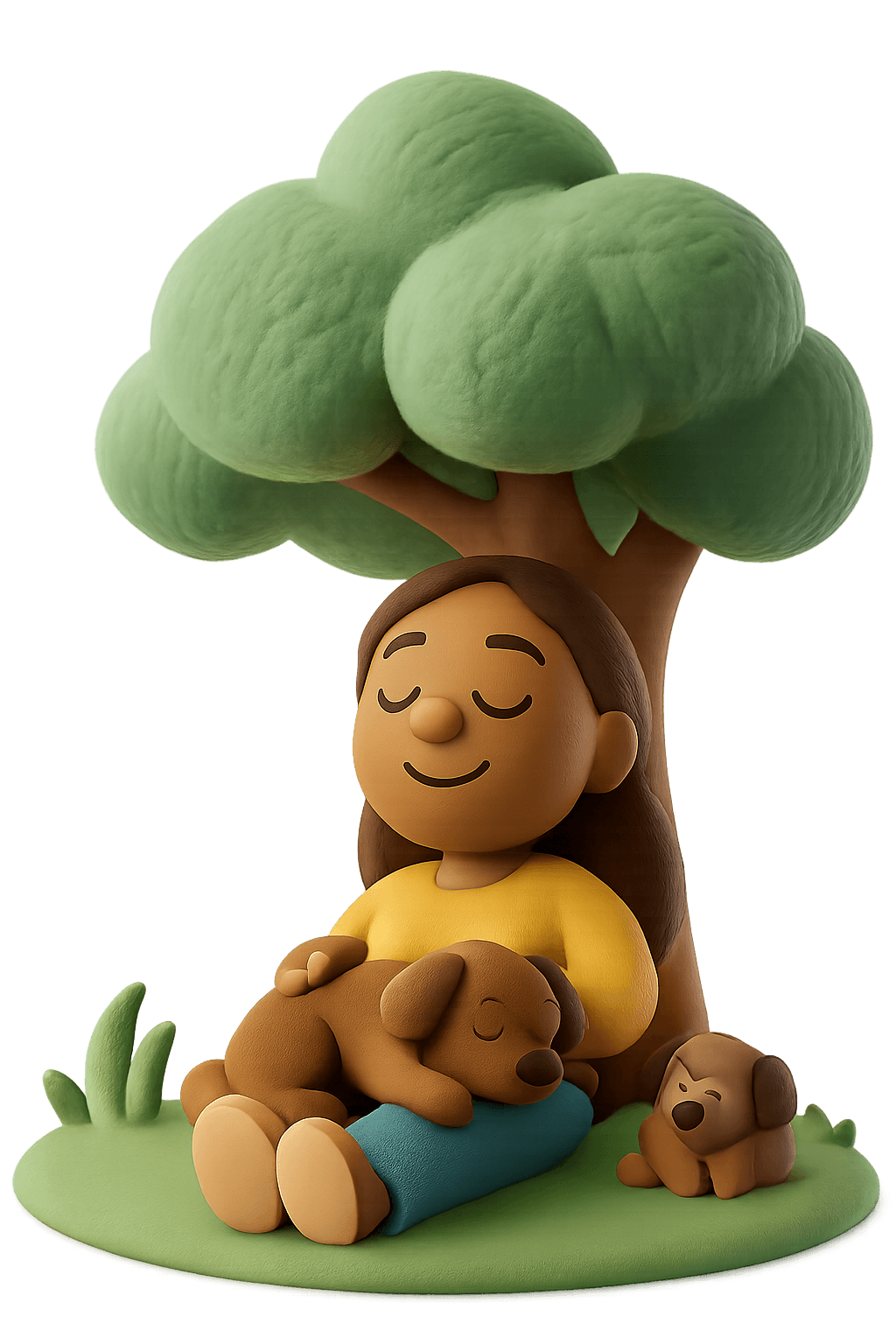 A clay-style illustration of a peaceful scene. A woman with long brown hair, closed eyes, and a gentle smile is sitting under a leafy green tree on a small grassy patch. She wears a yellow top and blue trousers, with a brown puppy curled up asleep on her lap. Another smaller puppy rests nearby. The scene evokes calm, rest, and connection with nature and animals, suggesting relaxation or mindfulness.
