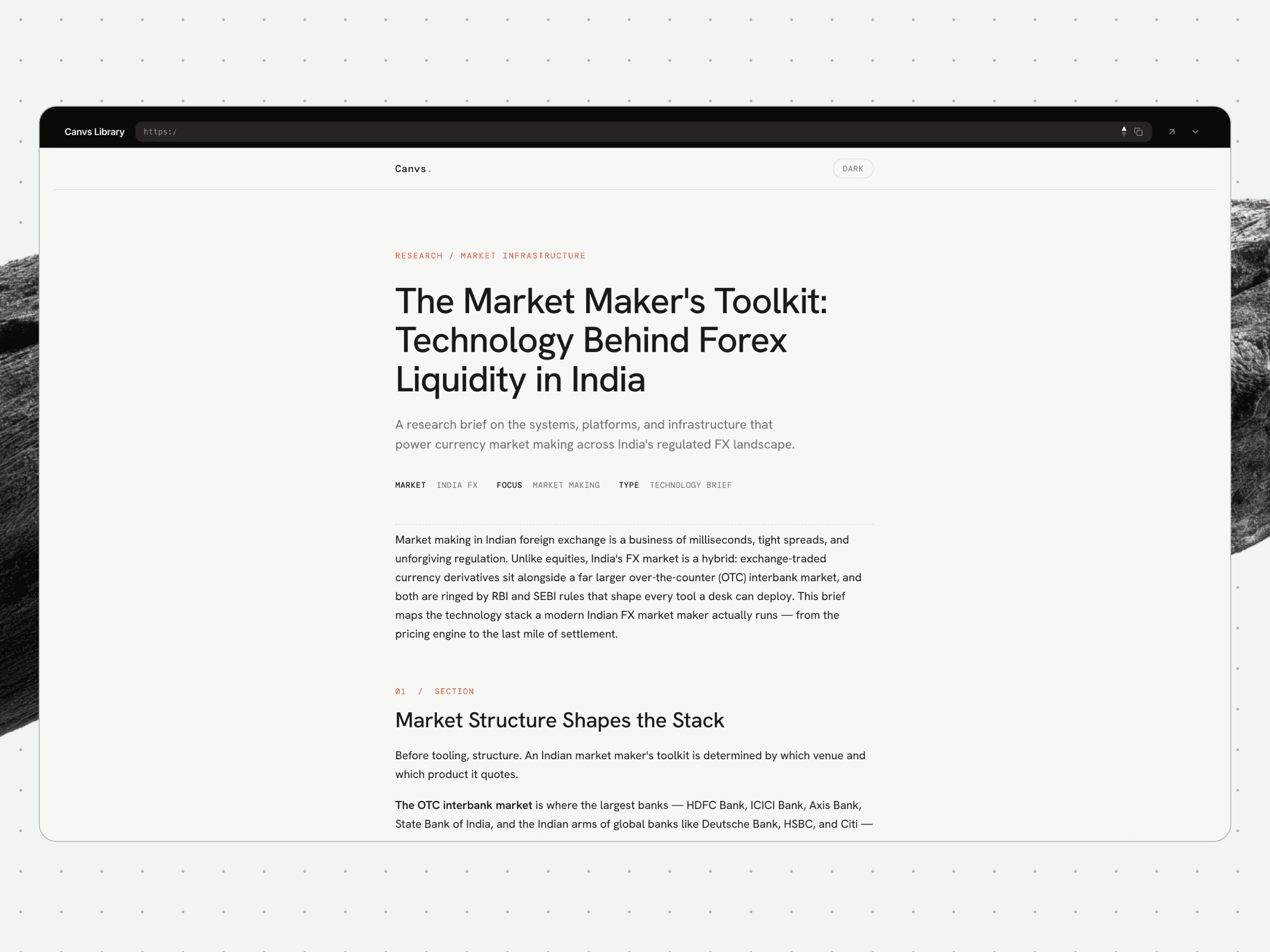 A published study in the Canvs template, opening with its research section, market, focus and type, all set in the studio’s own visual identity.