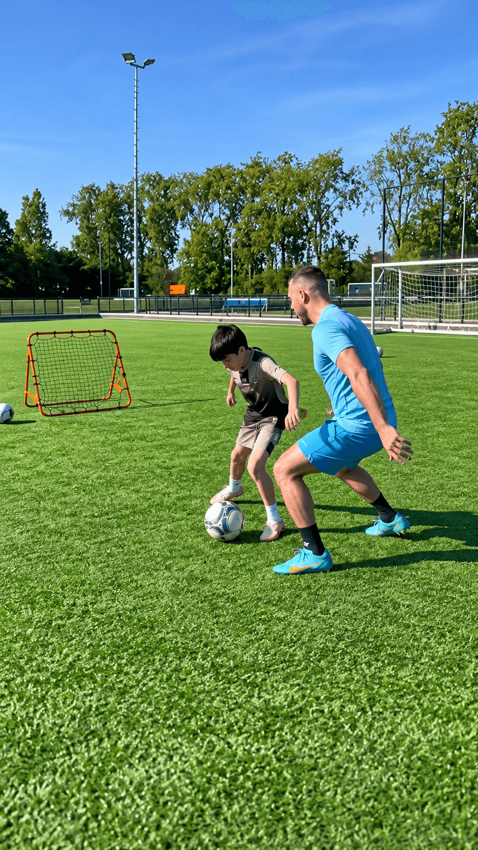 Gazar oefent met een jonge speler een balactie op het voetbalveld.