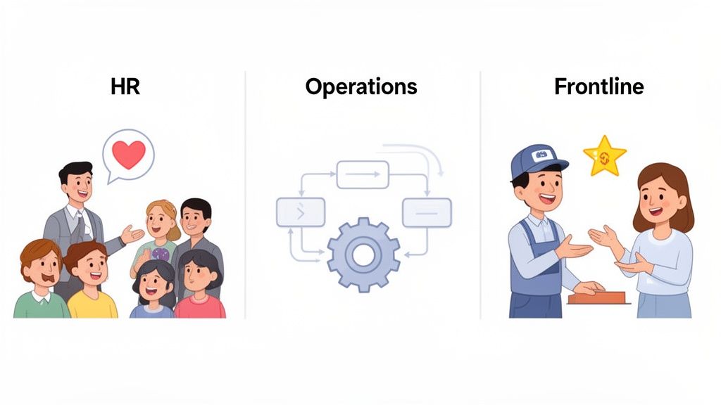 Illustration showing HR, Operations, and Frontline business functions with people, processes, and service.