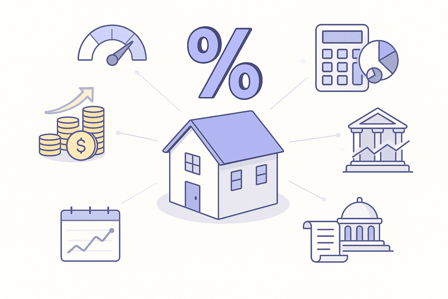 Diagram of six economic and credit factors orbiting a central house icon to illustrate influences on mortgage rates.