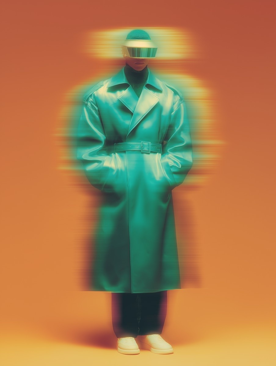 A person wearing a sleek, teal trench coat and futuristic visor stands against an orange background, with a motion blur effect emphasizing a sci-fi, avant-garde fashion style.