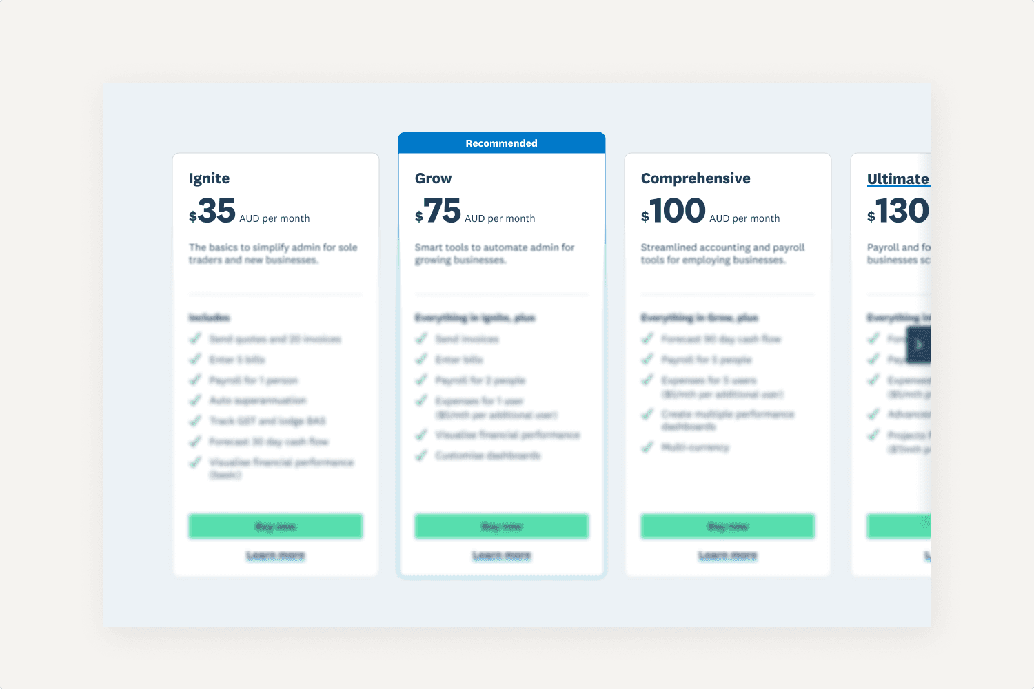 Three SaaS plan subscription tiers with a recommended plan highlighted.