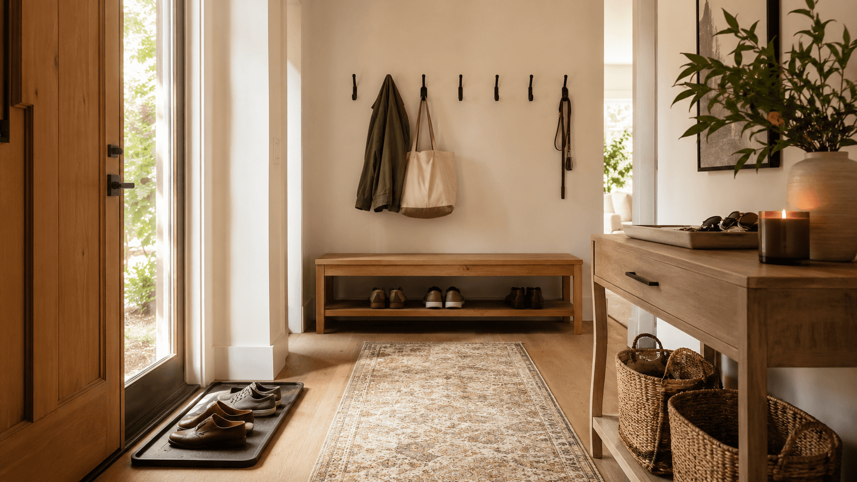 White oak cabinets in a bright light filled foyer with organization systems in place.