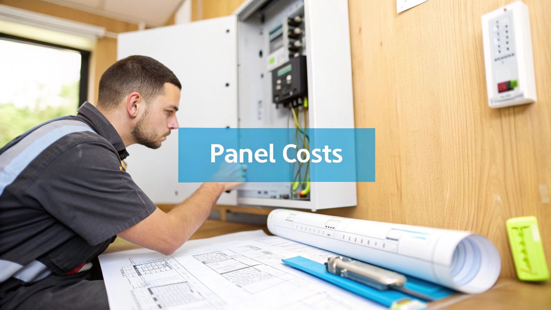 a blue text box displaying 'panel costs' with a cluttered workbench and electrician working on an electrical panel in the background