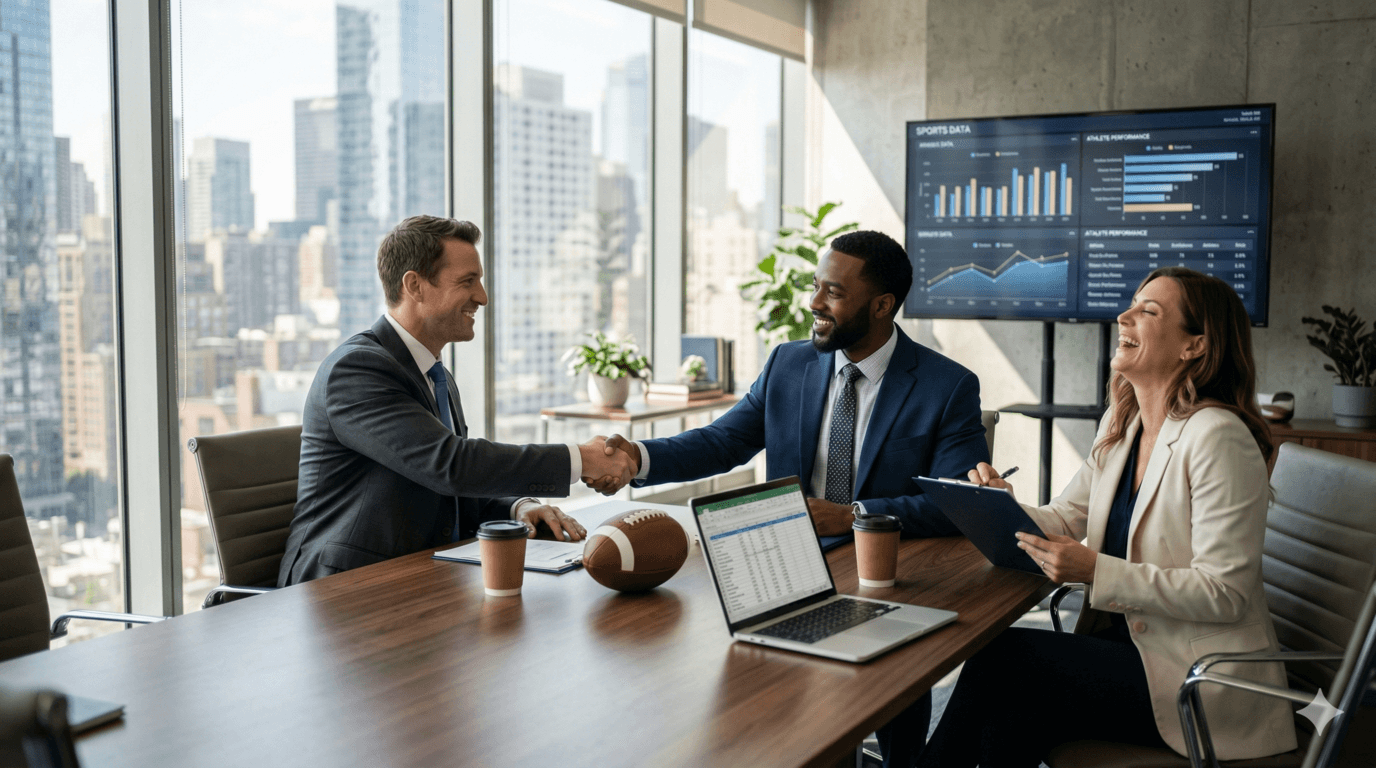 Athletes in suits talking about  sales