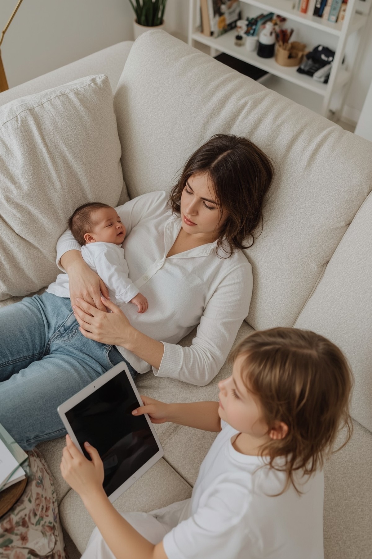 Mutter mit Baby auf dem Arm, Baby schläft. Weitere Tochter ist beschäftigt.