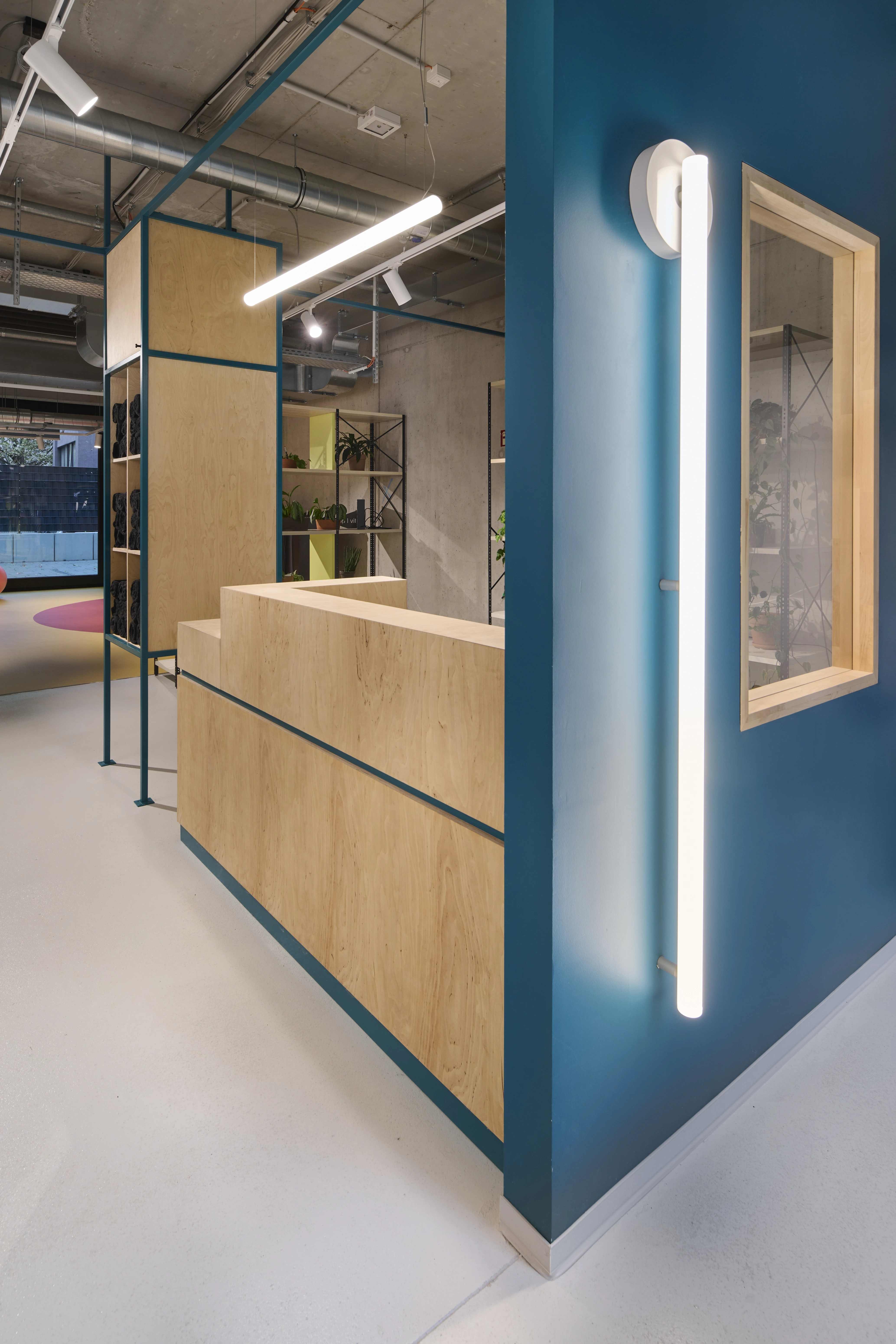 Detail of the reception at HELLOFRESH GYM with a stepped plywood counter, petrol-blue wall and frame and a vertical tube light beside a wooden window.