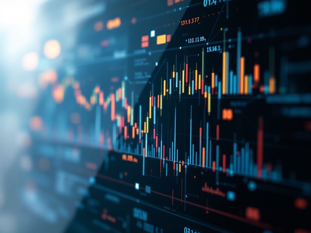 Stock market data displayed on a screen showing various charts and graphs.