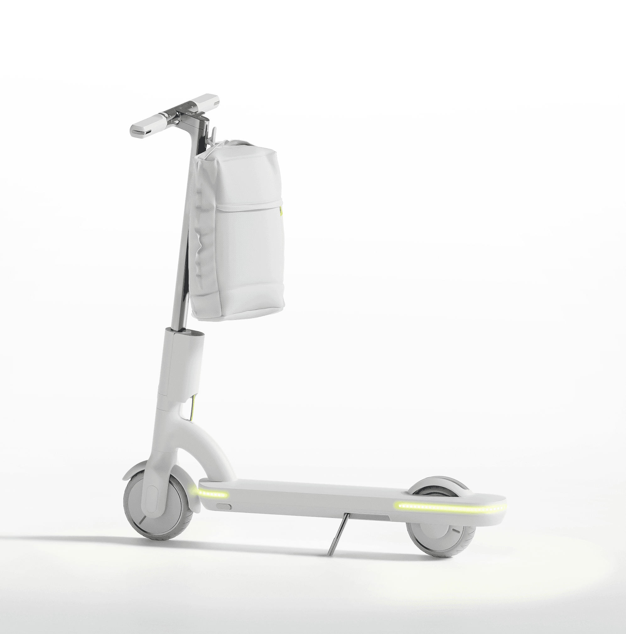 a white scooter with a bag on it