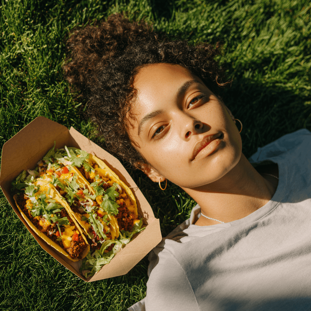 Four vibrant street-style tacos standing upright in hard shells, generously topped with shredded carrots, crispy fried protein, cilantro, and a creamy white sauce, served on a blue plate against a bright teal background.
