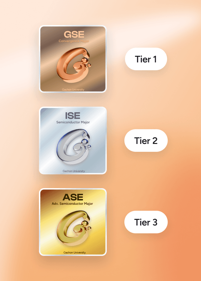 Example digital badge designs from Gachon University's College of Semiconductors, using one design in bronze, silver, and gold for the GSE, ISE, and ASE courses