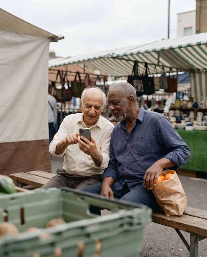 dois homens olham juntos uma mensagem no celular em uma feira
