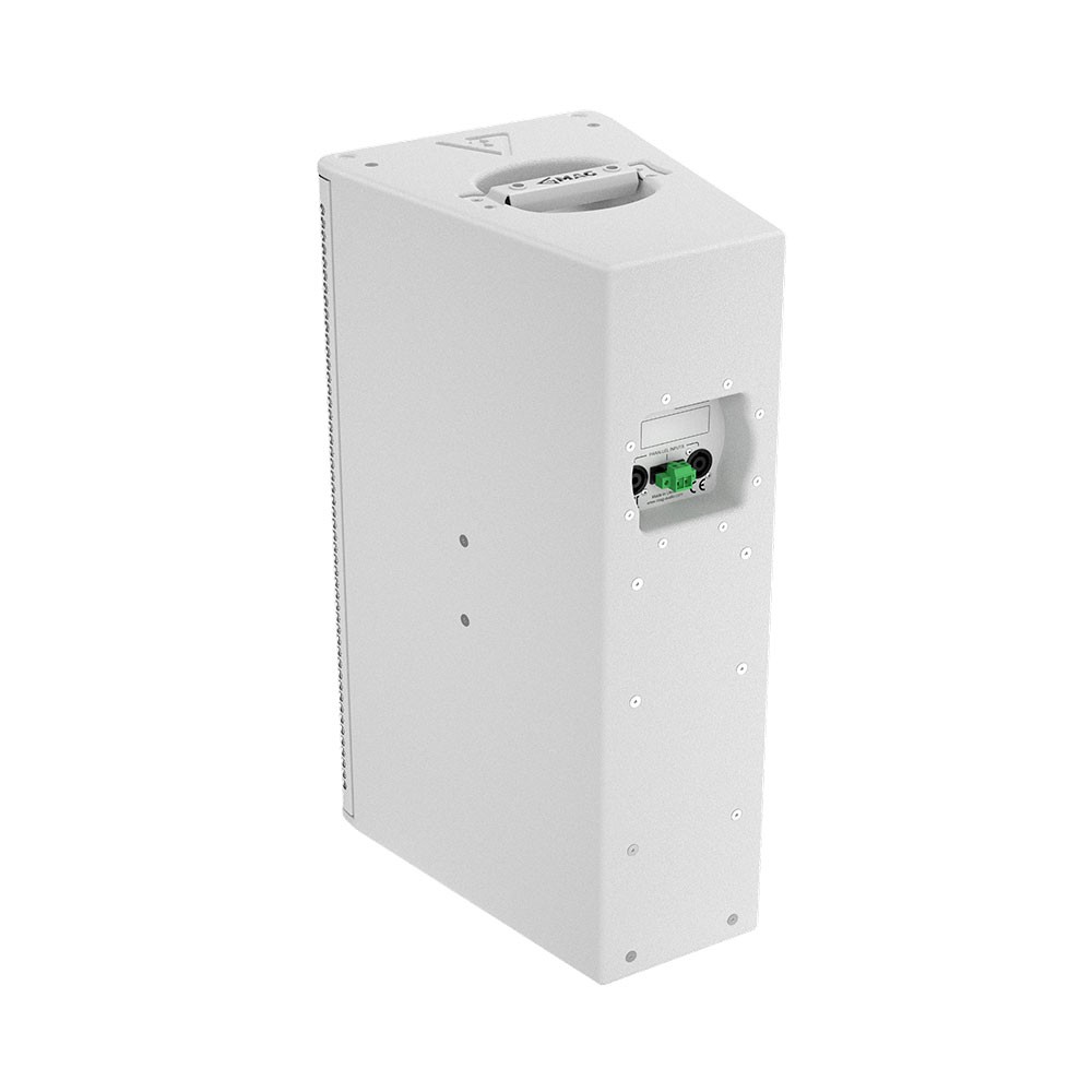 White speaker with handle on top and screw inputs