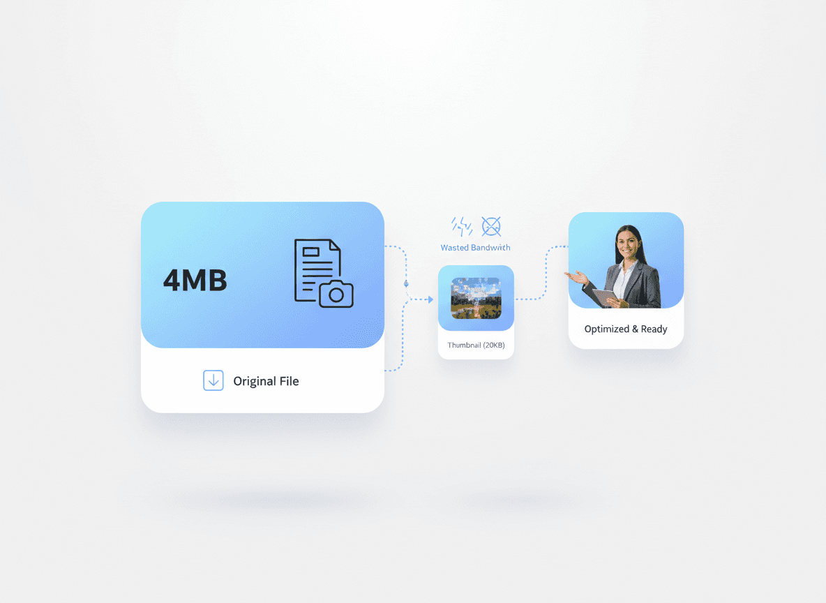 Large image files served as small thumbnails causing bandwidth waste and slow mobile page performance