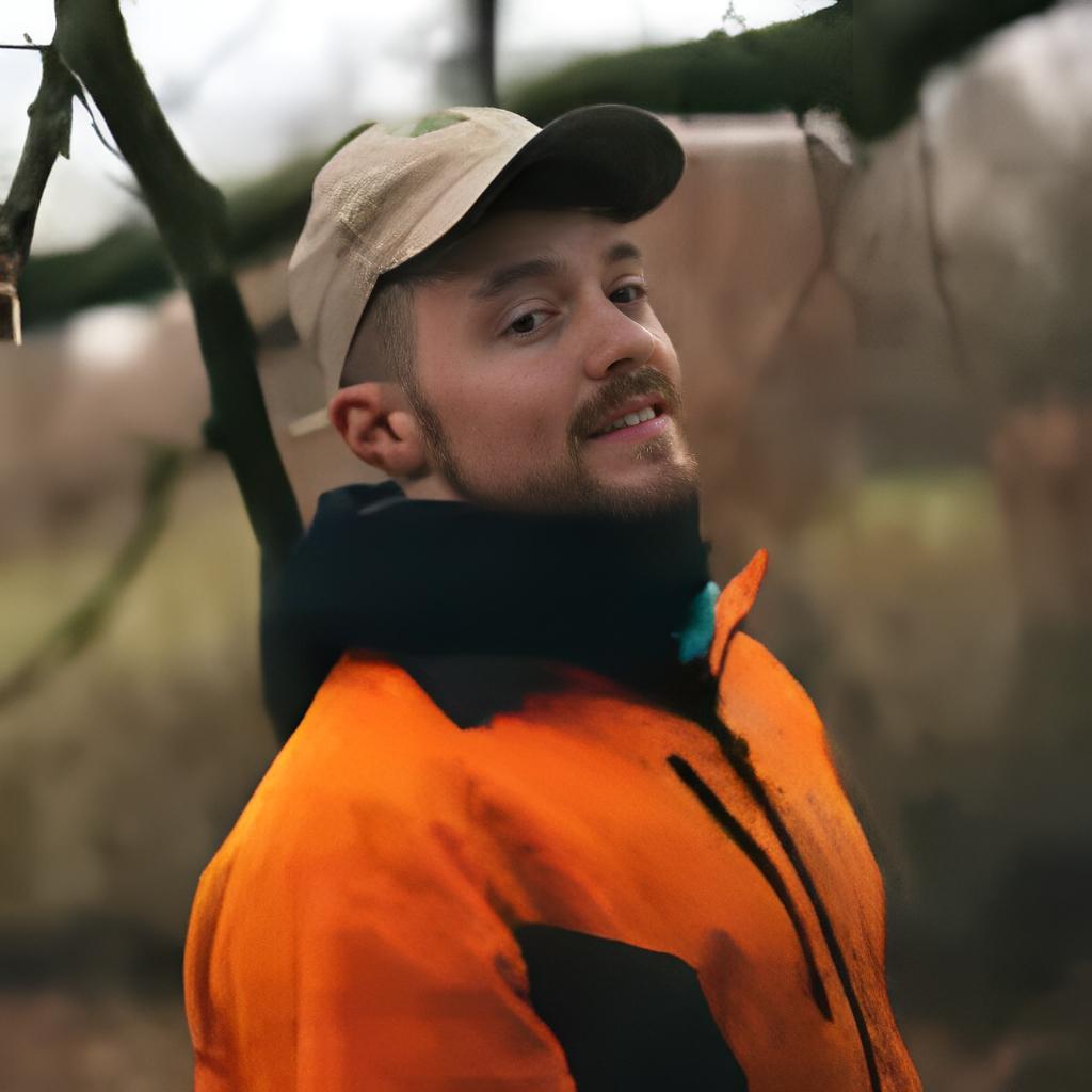A smiling person with curly hair sits at a desk with computers in a stylish, well-lit office setting.