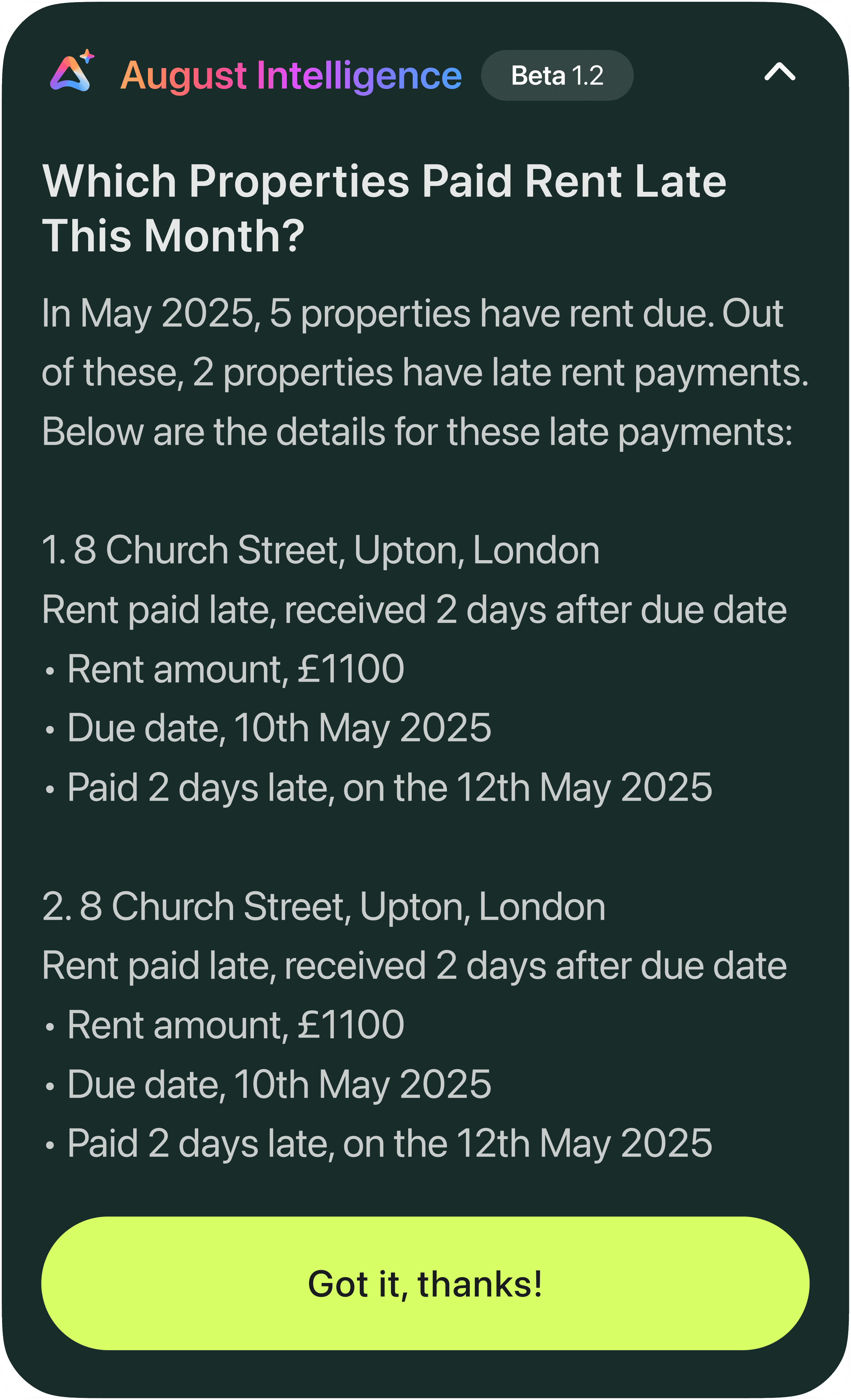 August maintenance log for a broken oven HMO repair, showing a timestamped audit trail of the report, the message to the tenant, and the resolution.