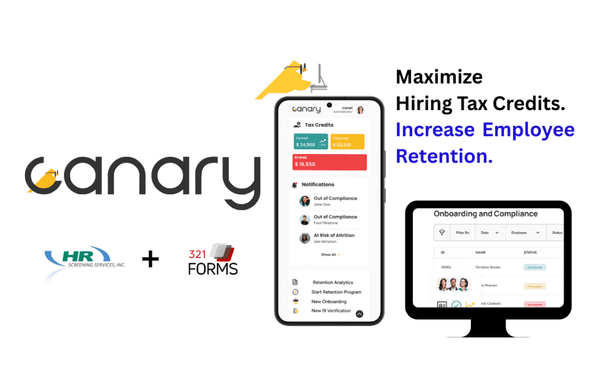 Canary Hiring Technologies, Canary, Canary AI is on a mission to improve communities and help employers boost their bottom line by maximizing hiring tax credits. Canary’s comprehensive platform qualifies employers and employees for federal, state and local credits, takes care of all tax credit processing, and uses advanced AI to improve retention resulting in employers receiving the highest possible credit amount.