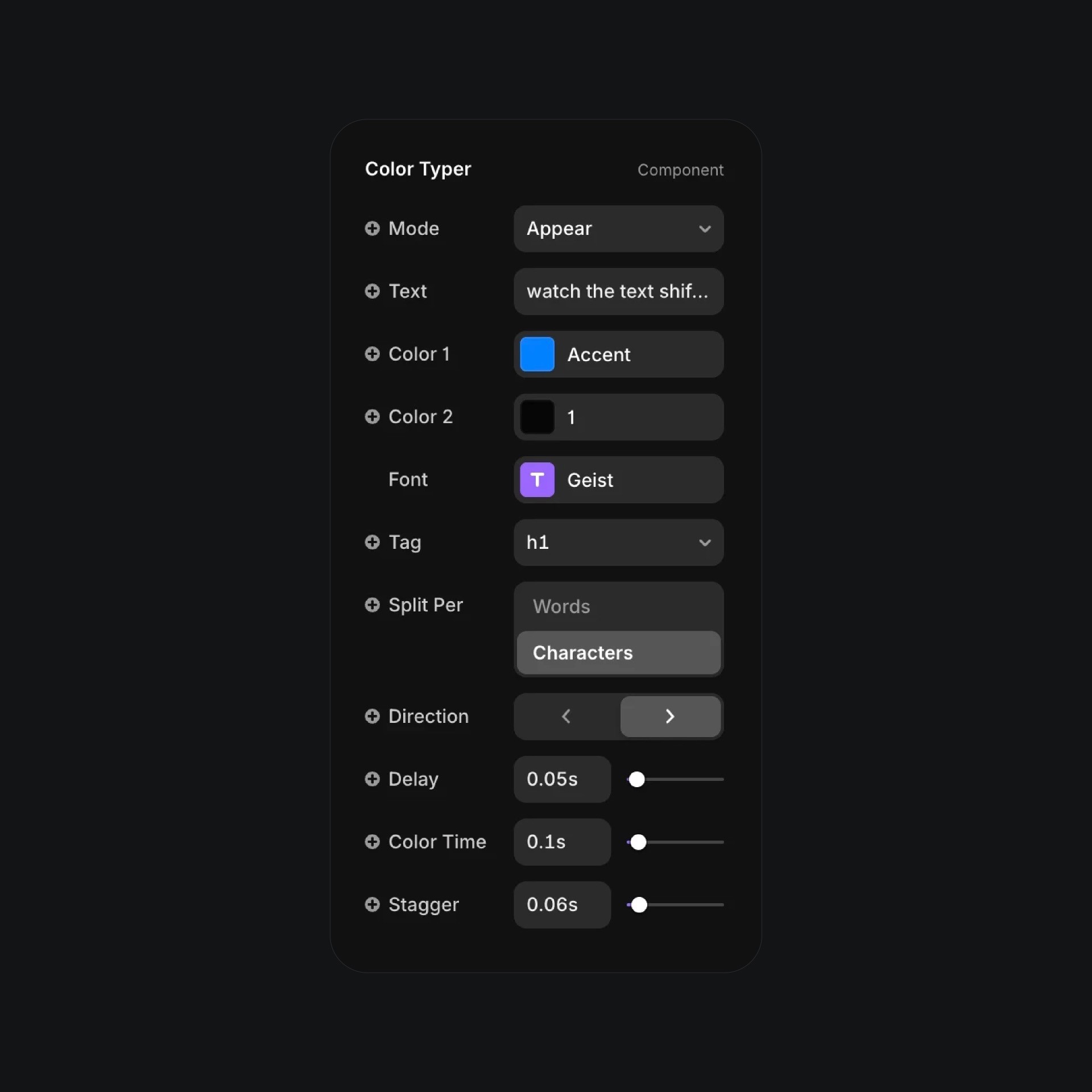 Color typer component settings with animation timing controls