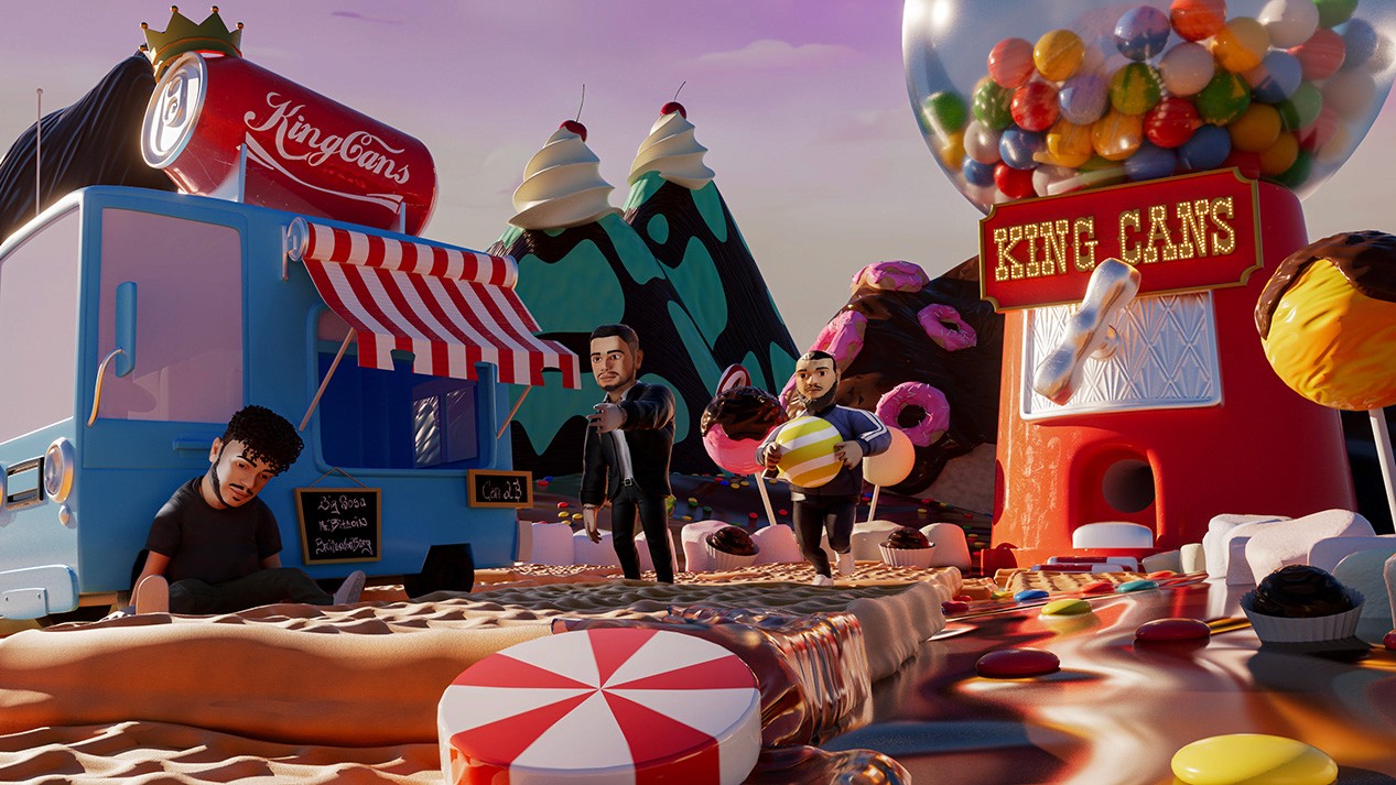 Whimsical 3D-animated candyland scene featuring oversized sweets, a blue food truck with a red-and-white striped awning, and stylized cartoon-like characters interacting in a surreal environment. Created by 9R Studios, this vibrant digital artwork blends playful fantasy visuals with high-end CGI for music videos, branding, and entertainment projects
