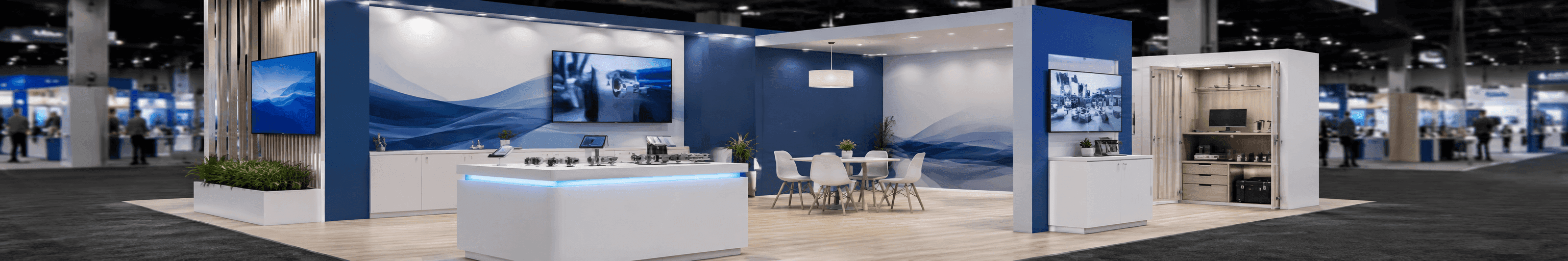 Las Vegas customizable modular booth rental with reception counter, branded graphics, demo stations, and meeting area layout