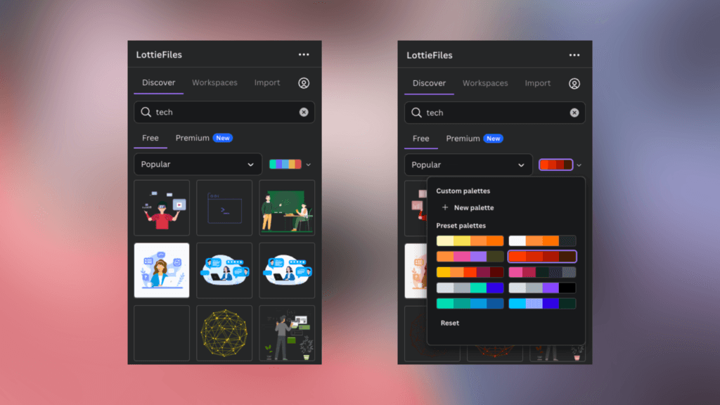 A look at the search results in the LottieFiles app when searching the term "tech".