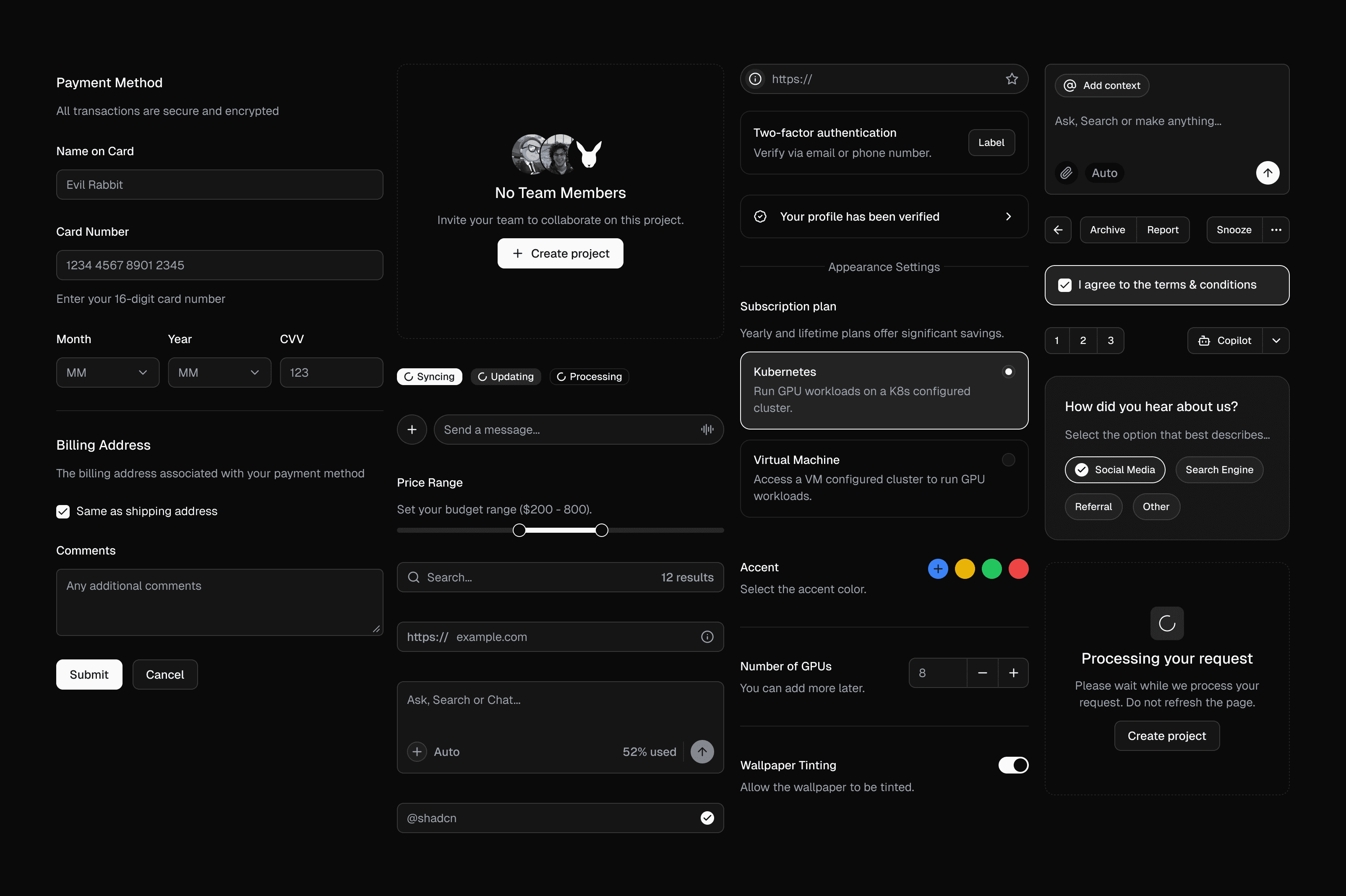 Dark-themed user interface with sections for payment, team creation, two-factor authentication, and subscription options. Includes buttons, sliders, and toggles, creating a secure, technical, and collaborative impression