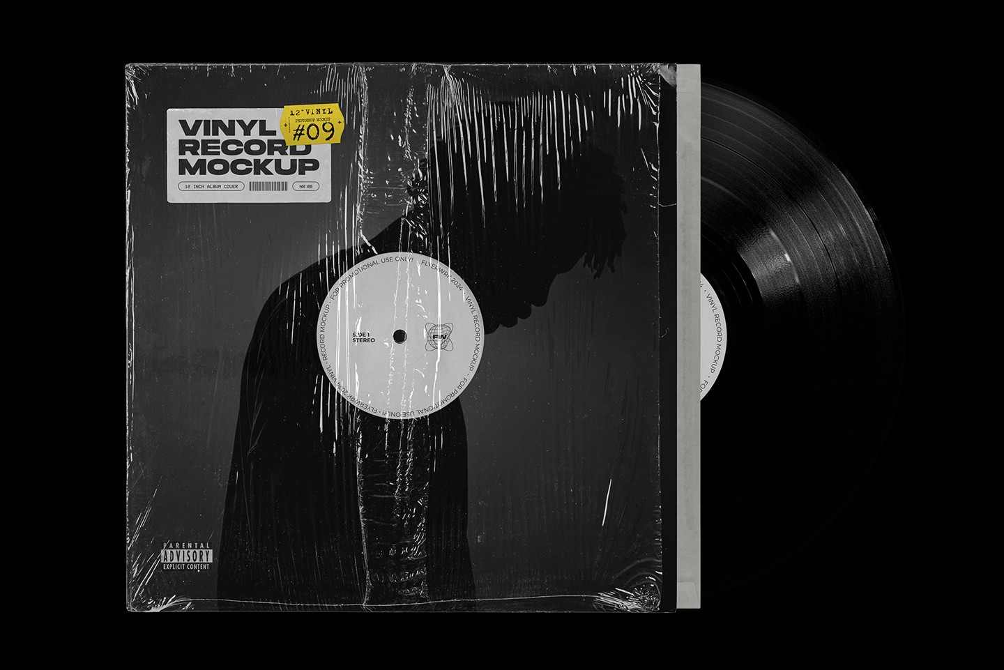 Realistic vinyl record mockup showing plastic wrap album cover and partially visible vinyl