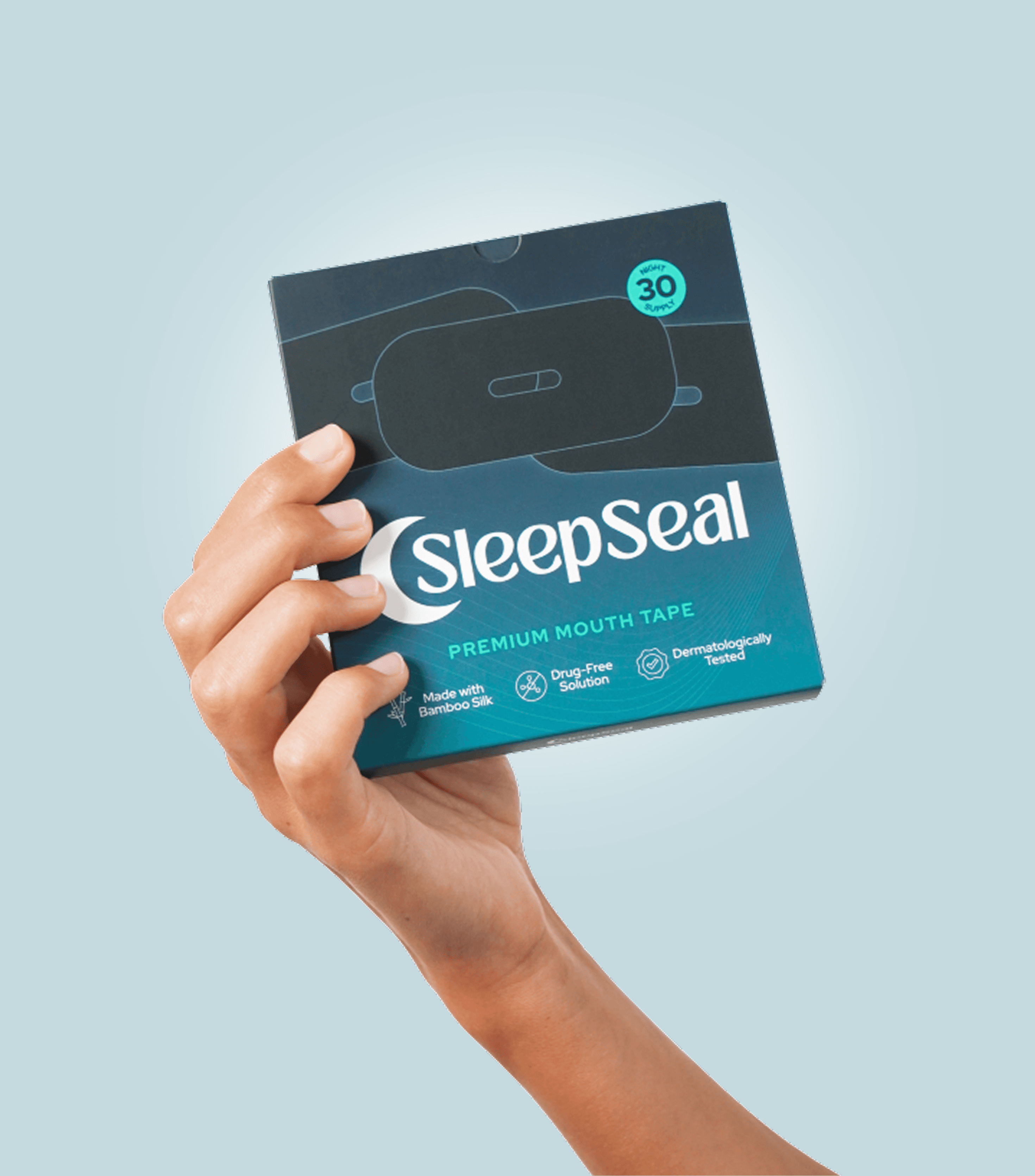 A hand holding SleepSeal premium mouth tape