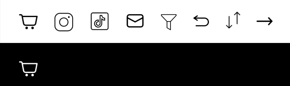 Icon set showing shopping cart, Instagram, TikTok, email, filter, undo, up/down arrows, and right arrow in simple black line style