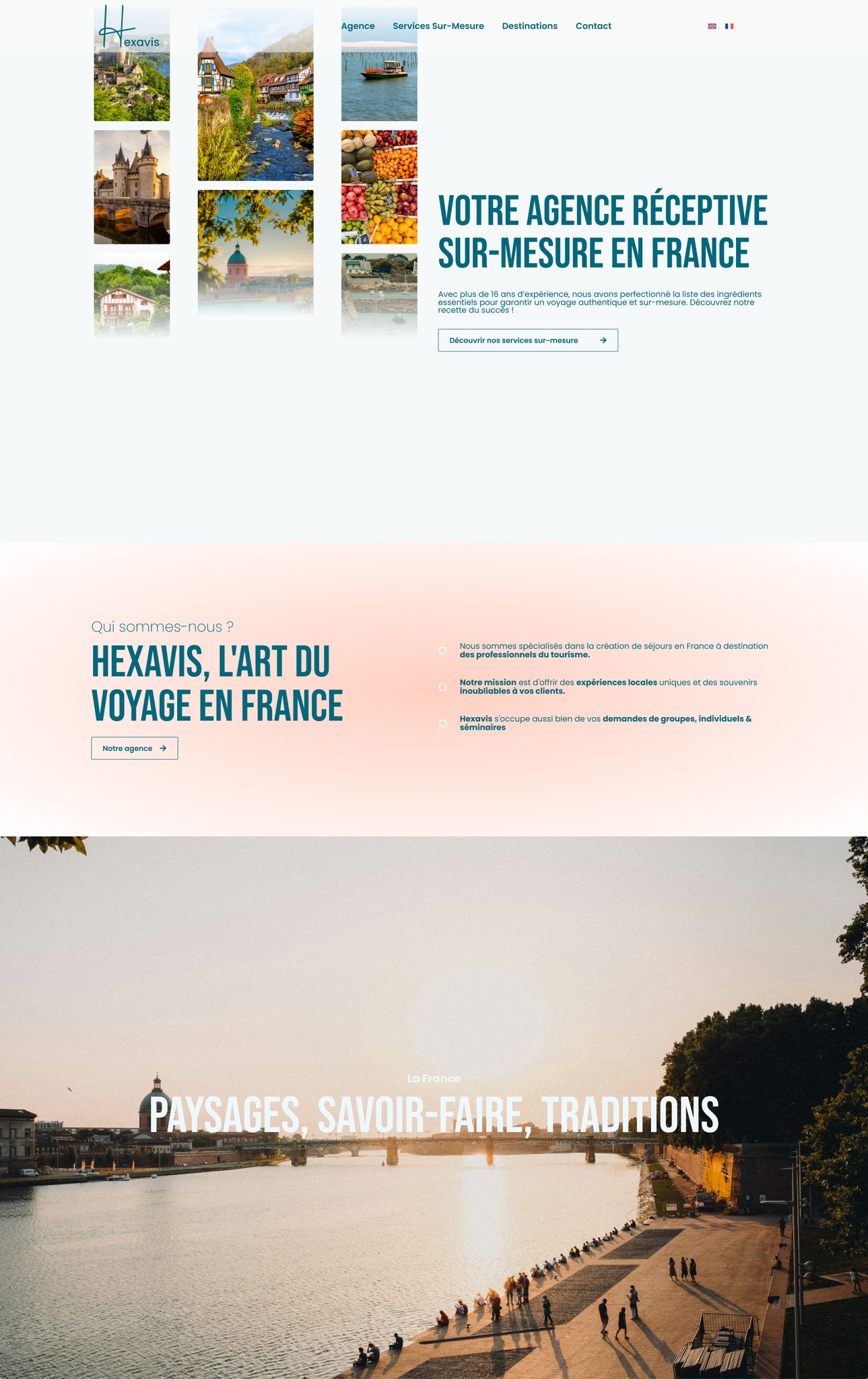 Capture d'écran de la page d'accueil Hexavis : conception d'une interface immersive pour agence réceptive mettant en avant l'expertise du tourisme en France.