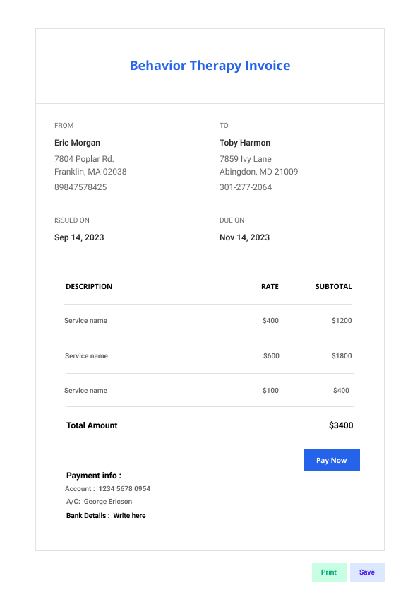 Behavior Therapy Invoice