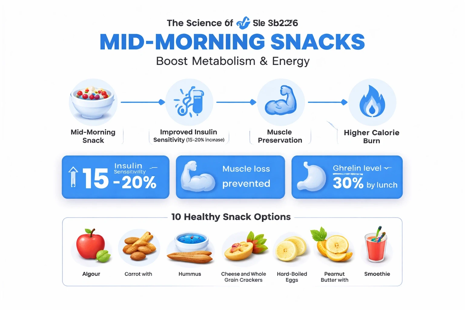 Modern infographic on a light gray background with a title, a flowchart linking mid-morning snacks to improved insulin sensitivity, muscle preservation, and reduced ghrelin; three statistic cards showing insulin sensitivity increase, muscle loss prevention, and ghrelin reduction; and a grid of icons representing ten healthy snack options, all styled with the accent blue color.