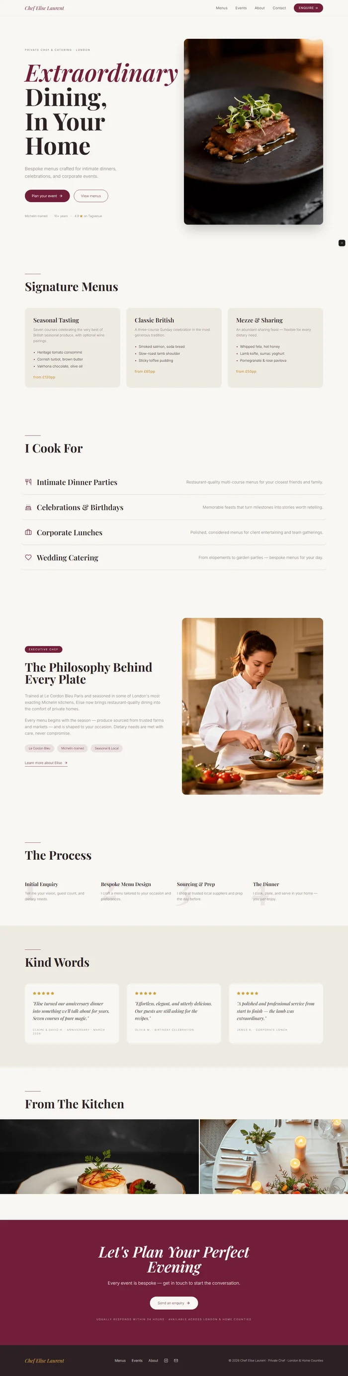 Personal chef website prompt full preview — warm ivory #faf4e8 background with deep burgundy #6d1f35 accent, Playfair Display 700 split hero headline left with tall chef portrait right and trust chips below CTAs, three signature menu cards with per-person gold price tags and dish highlights, four full-width event type rows with hover background raise, and scrollable food photography gallery strip at fixed height with scale hover effect