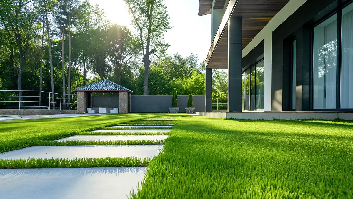 Fresh green lawn with stepping stones, completed grass installation