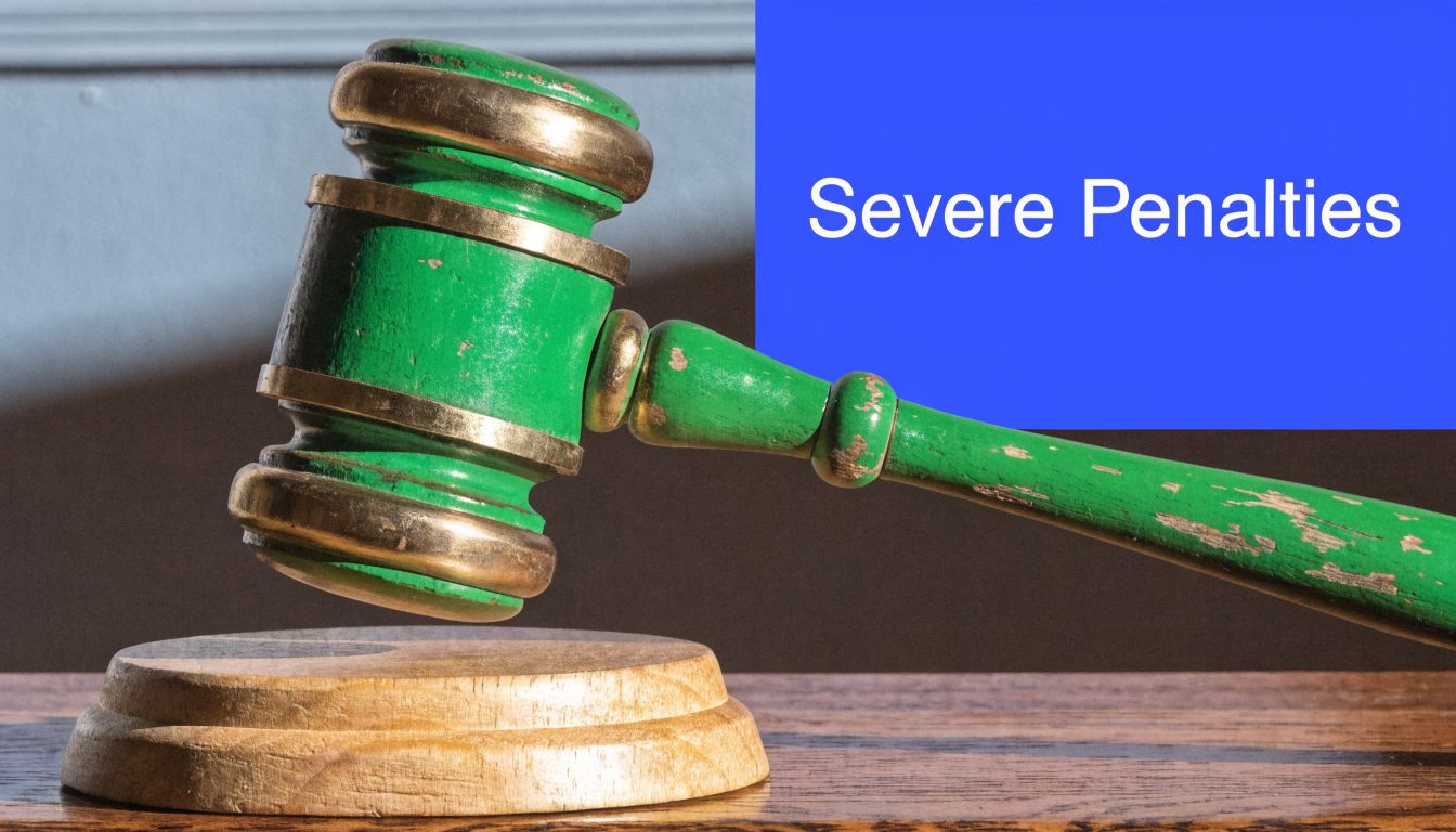 A green judge's gavel rests on a wooden base with the words Severe Penalties written nearby.