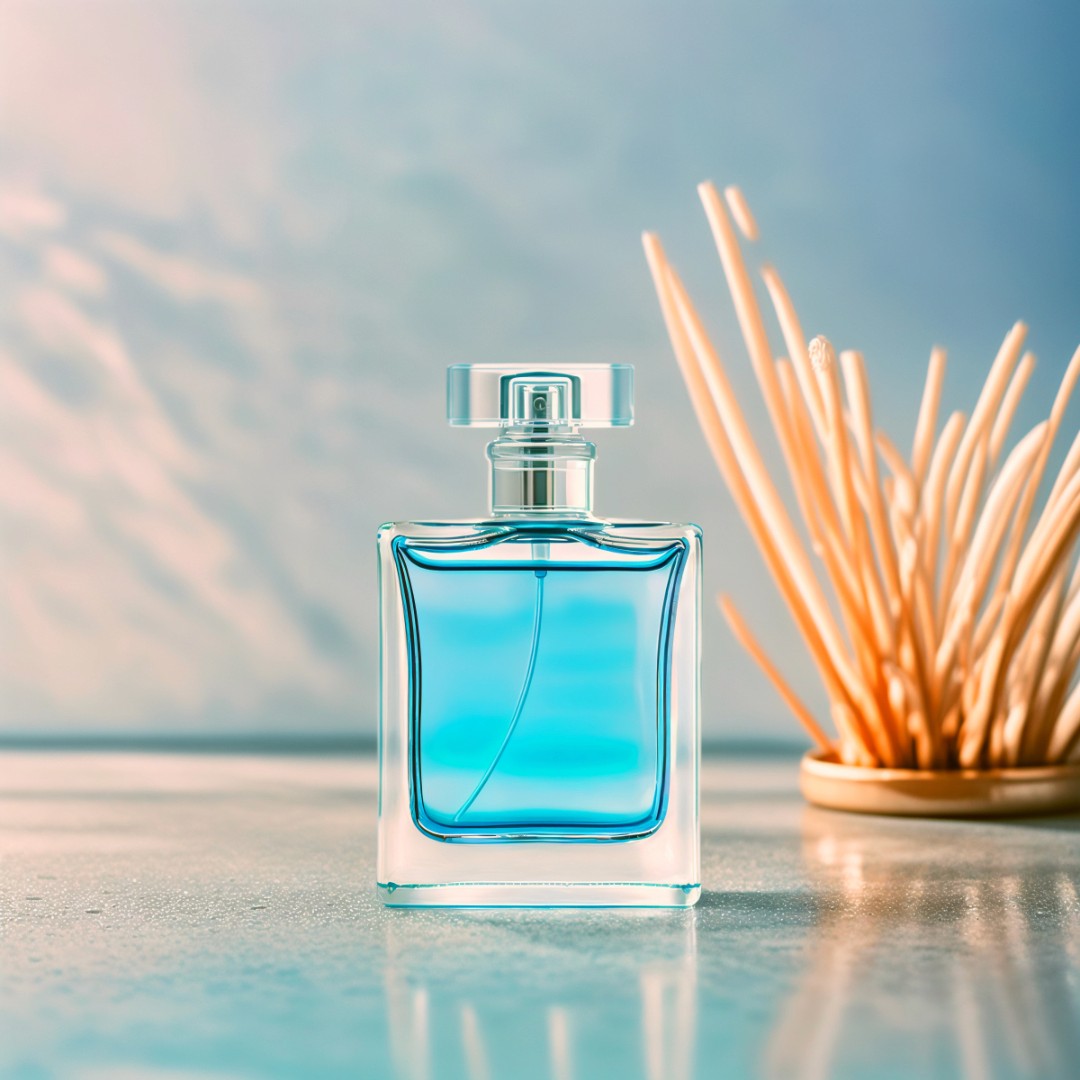 Bottle of perfume on a marble table. Image generated by AI using Fuzer