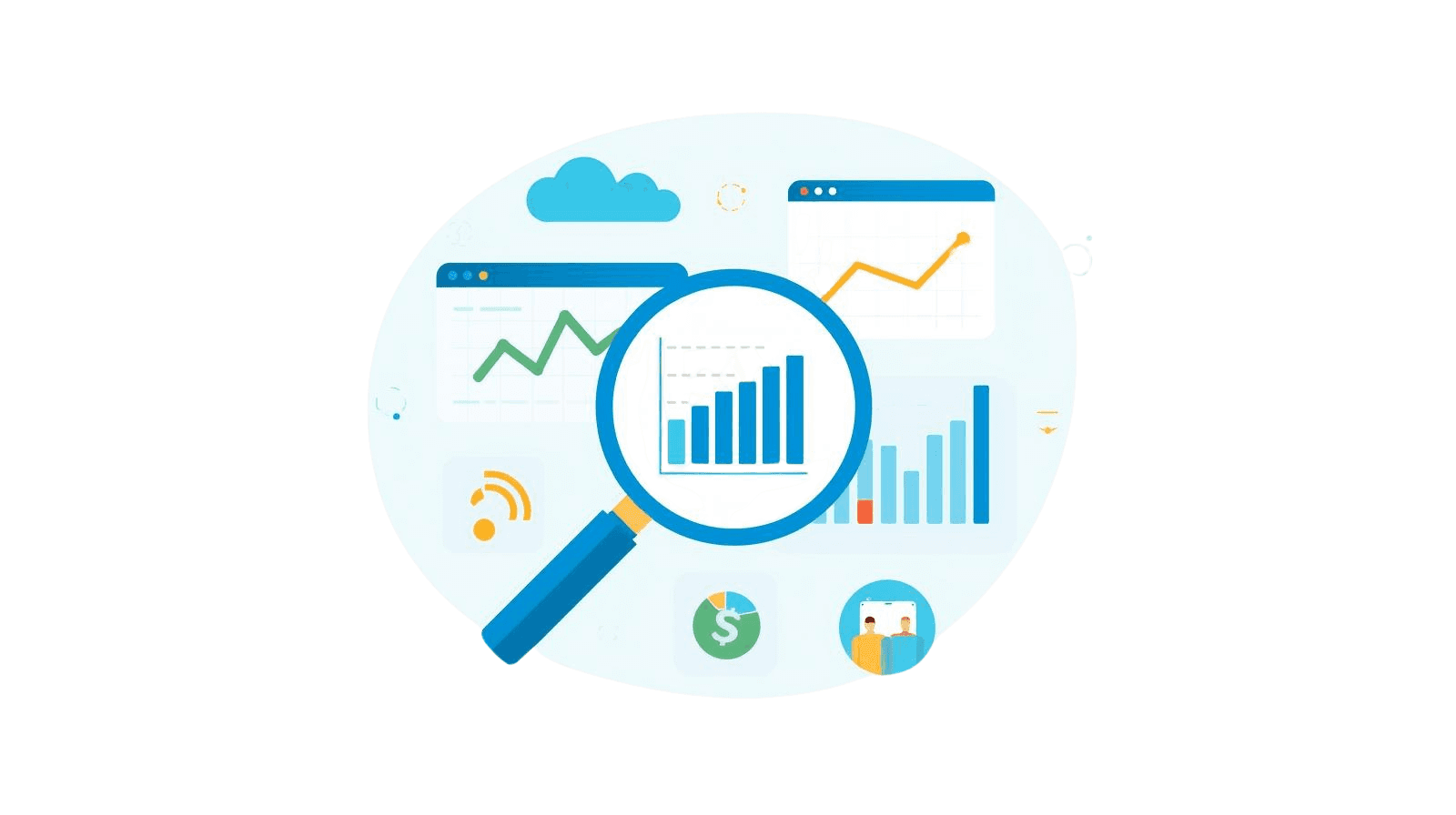 A clean, modern flat vector illustration of a magnifying glass focusing on financial charts and graphs — simple bar and line charts showing growth and cost patterns. Around the magnifying glass are subtle icons representing team, product, and customers. Minimalist, startup-style design with bright blues, greens, and yellows on a light background