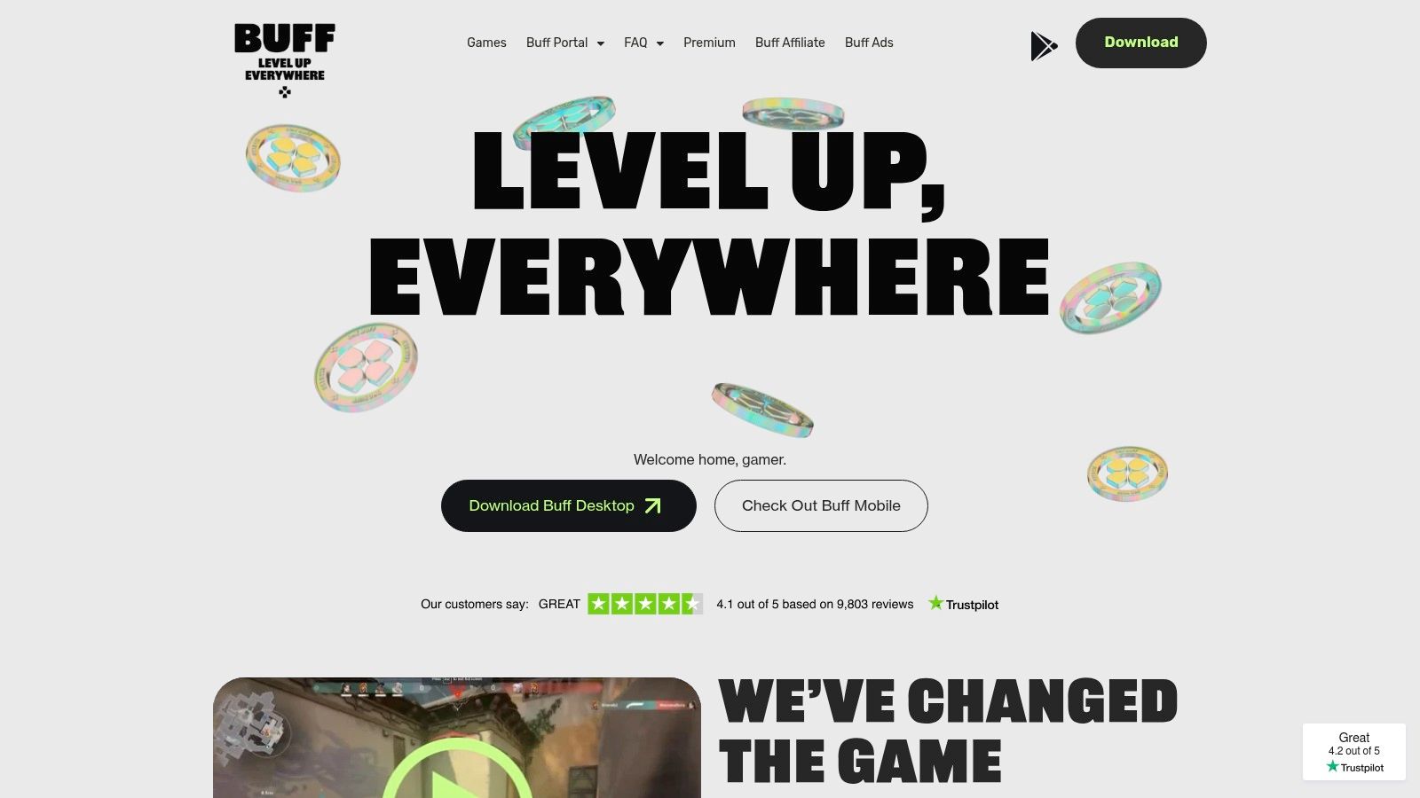 The BUFF Game app showing a user's balance of 'Buffs' and the marketplace with rewards like gift cards and gaming gear.