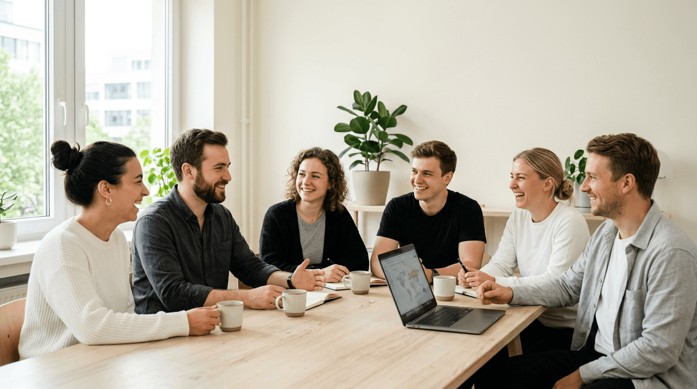 Six people at a table in a brightly lit room, smiling.