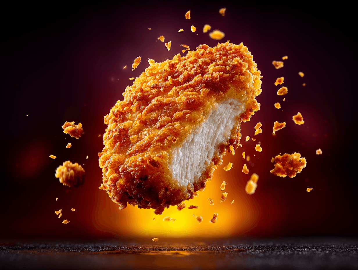 Crispy fried chicken nugget floating.