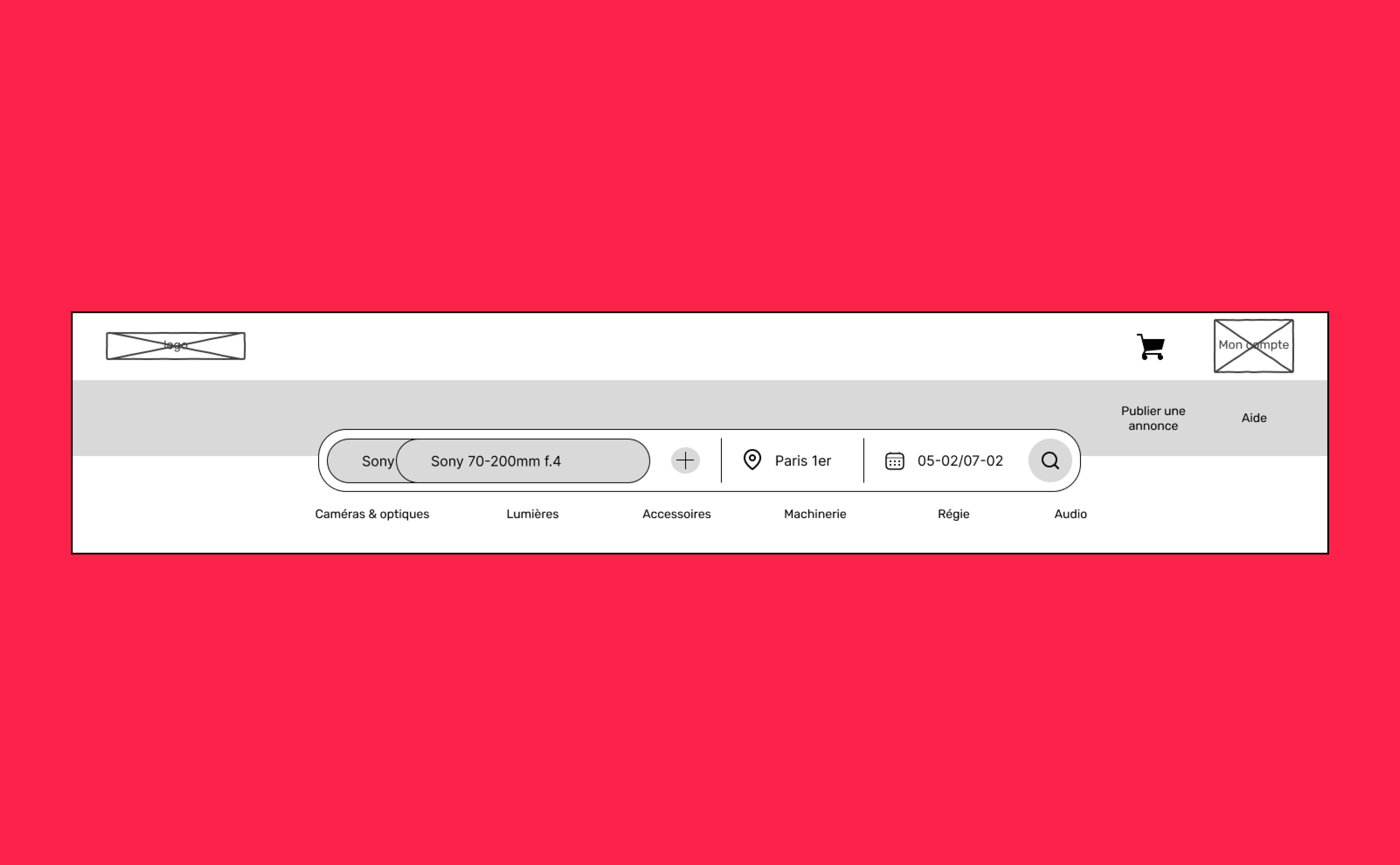 Première itération en basse fidélité du système de "pastilles" que nous avons imaginé pour représenter les objets recherchés dans la barre de recherche.