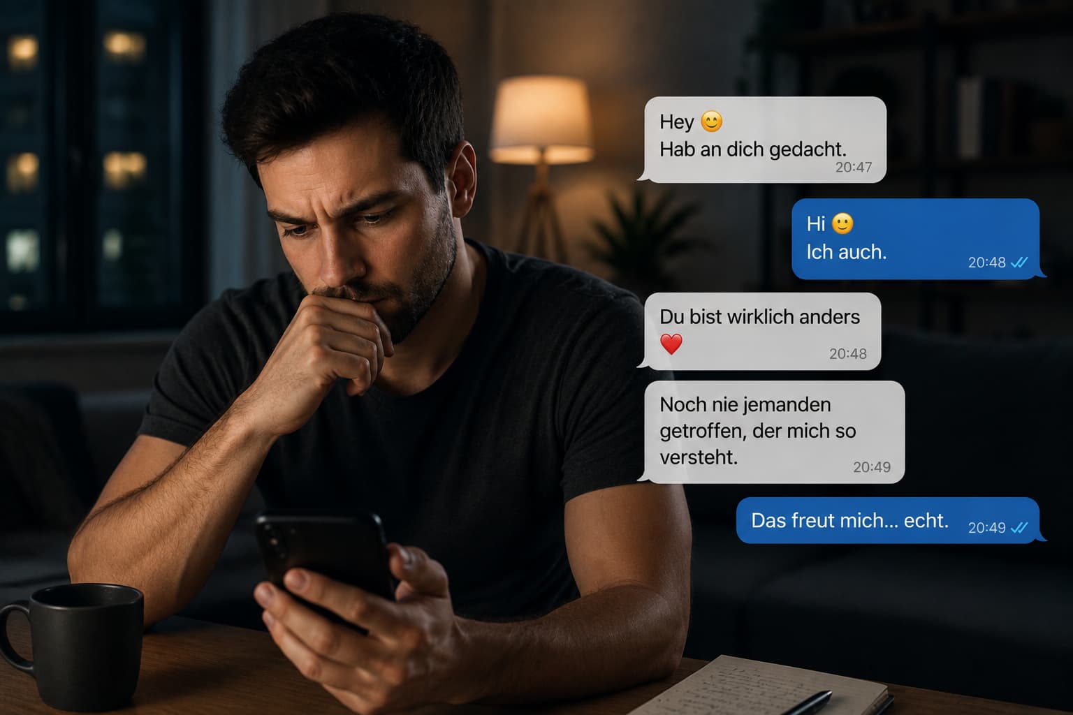 ein mann sieht auf einige chats und schaut nachdenklich
