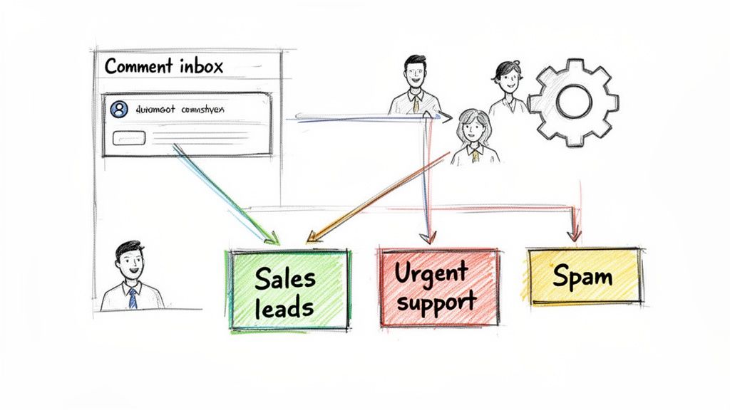 A diagram illustrates incoming comments being sorted into categories like sales leads, urgent support, or spam.