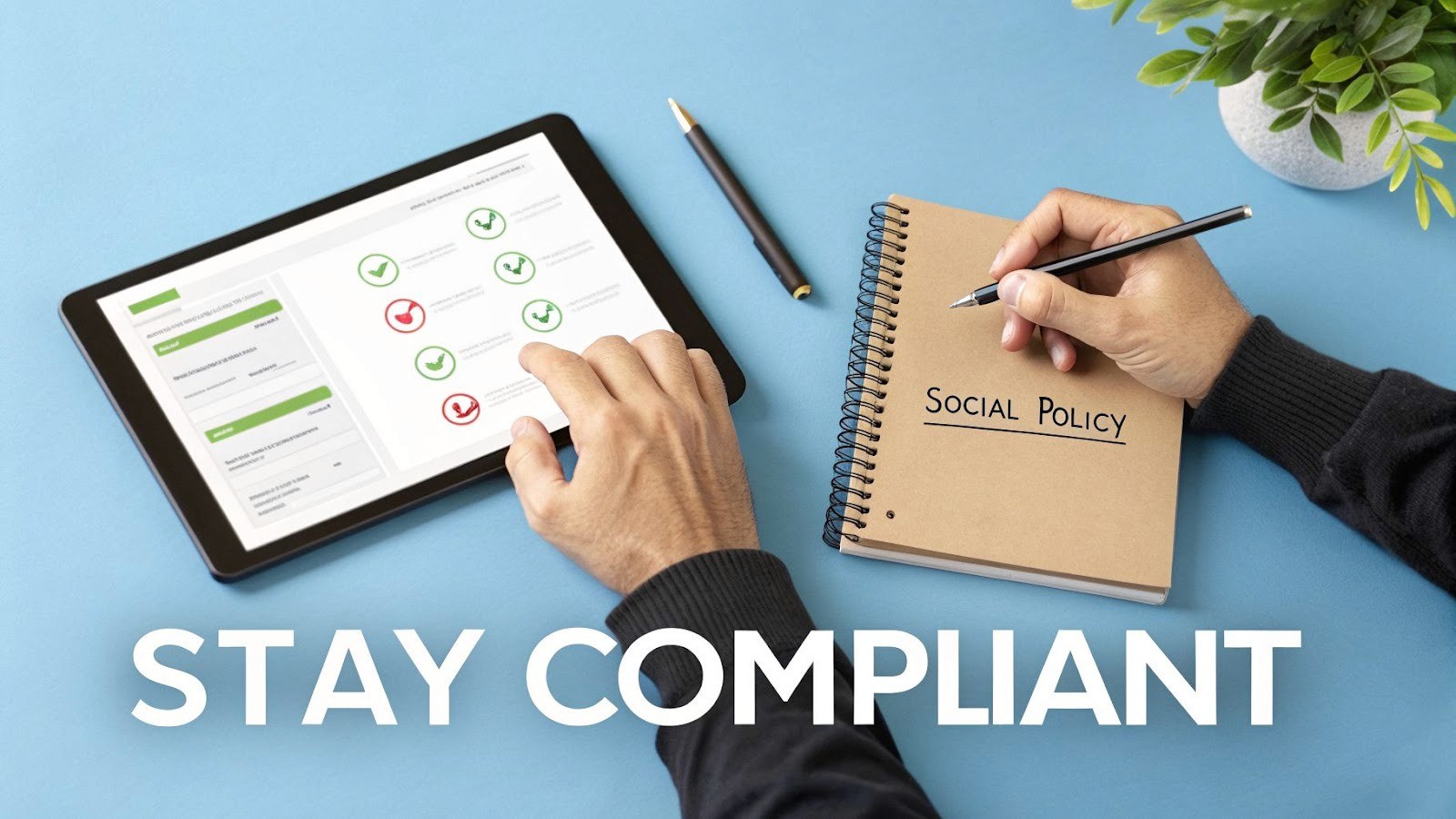 Hands reviewing digital compliance on a tablet and writing 'Social Policy' in a notebook.