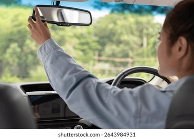 older woman adjusting her rear view mirror before setting off