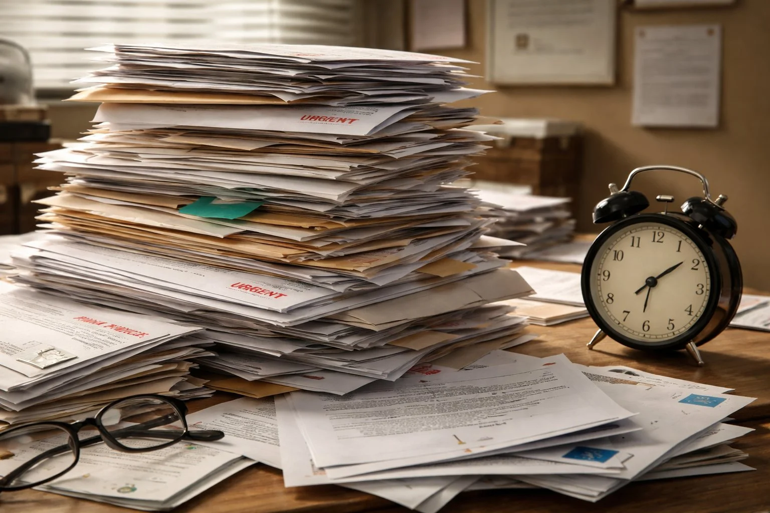 Stack of bills and official letters piling up on a desk beside a small alarm clock, suggesting mounting obligations over time.