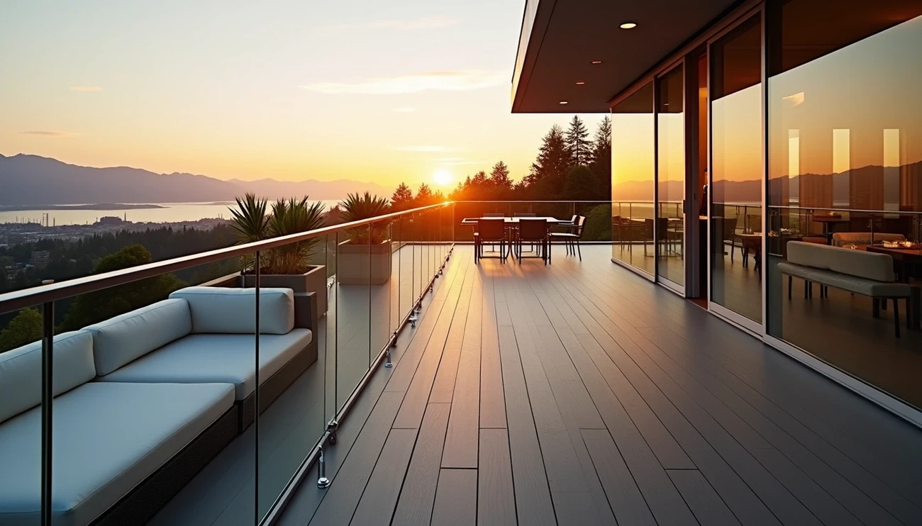 Modern Vancouver balcony with glass railing system overlooking sunset and mountains, highlighting sleek residential design.