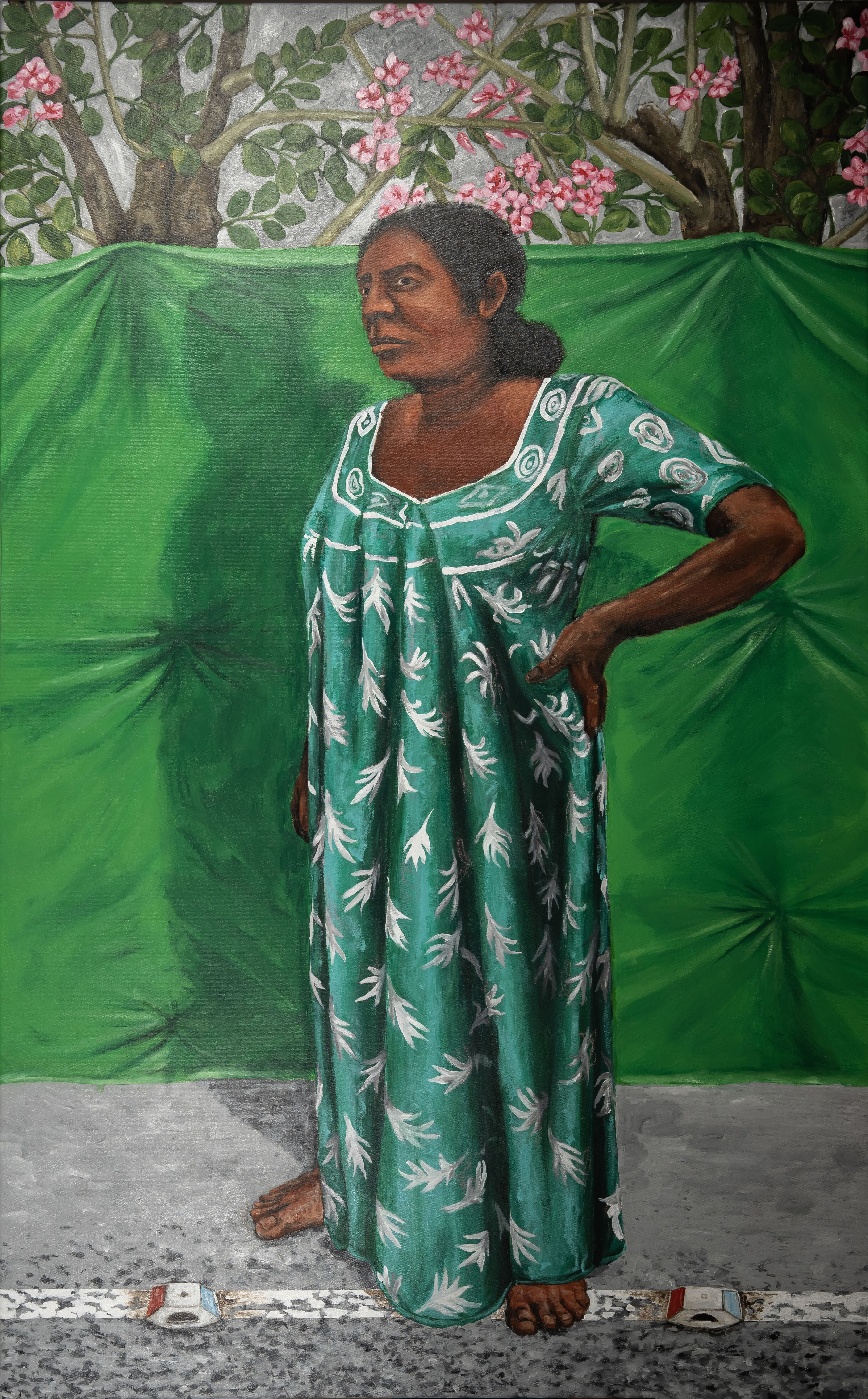 herd of sheep on road painting