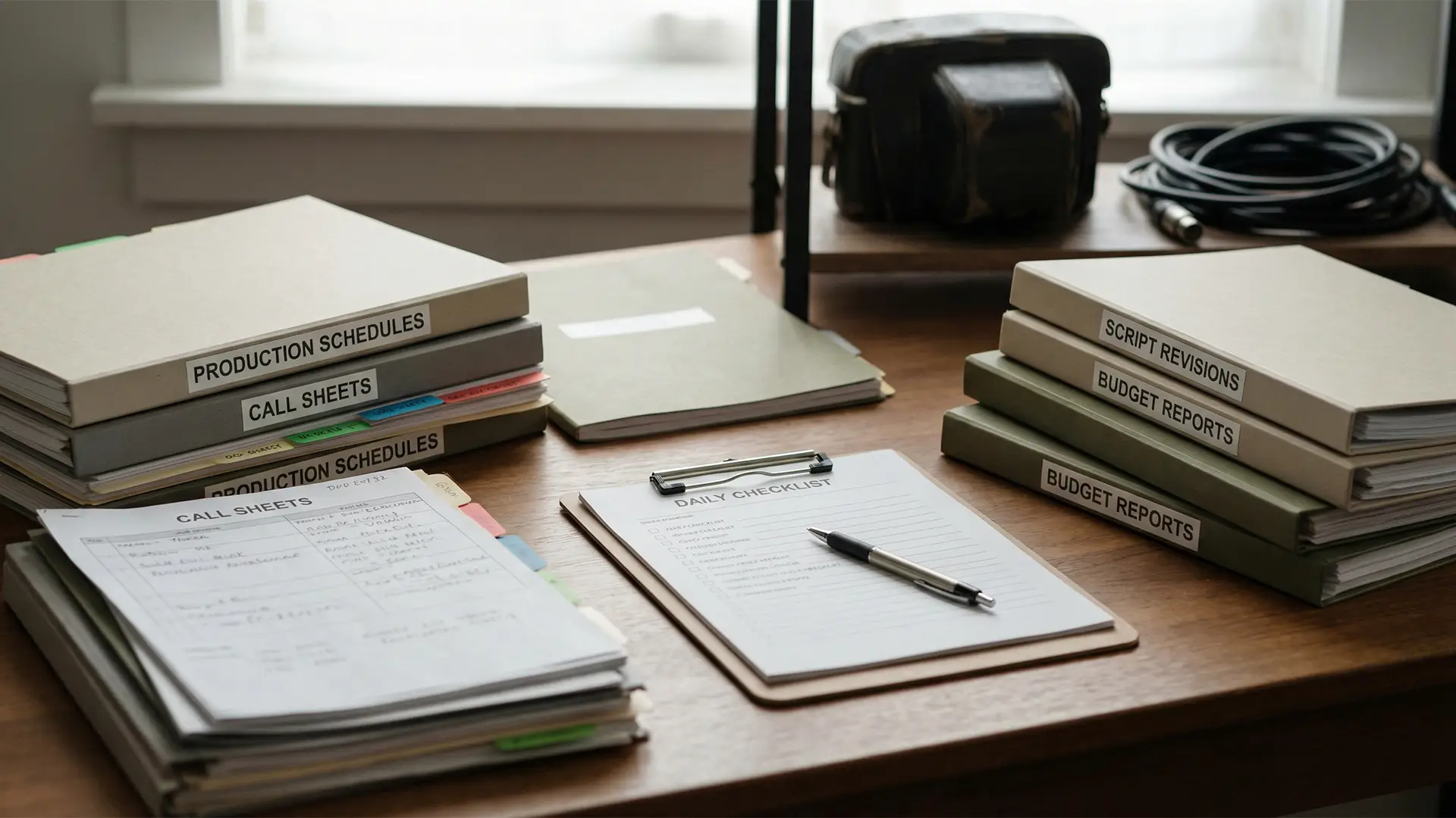 Neatly organised production schedules, call sheets and budget documents laid out on a desk, illustrating structured planning for an on-schedule video project.